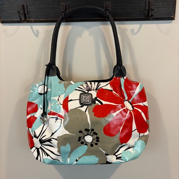 Brighton Handbags - Brighton Coated Canvas Floral Woven Leather Straps Shoulder Handbag